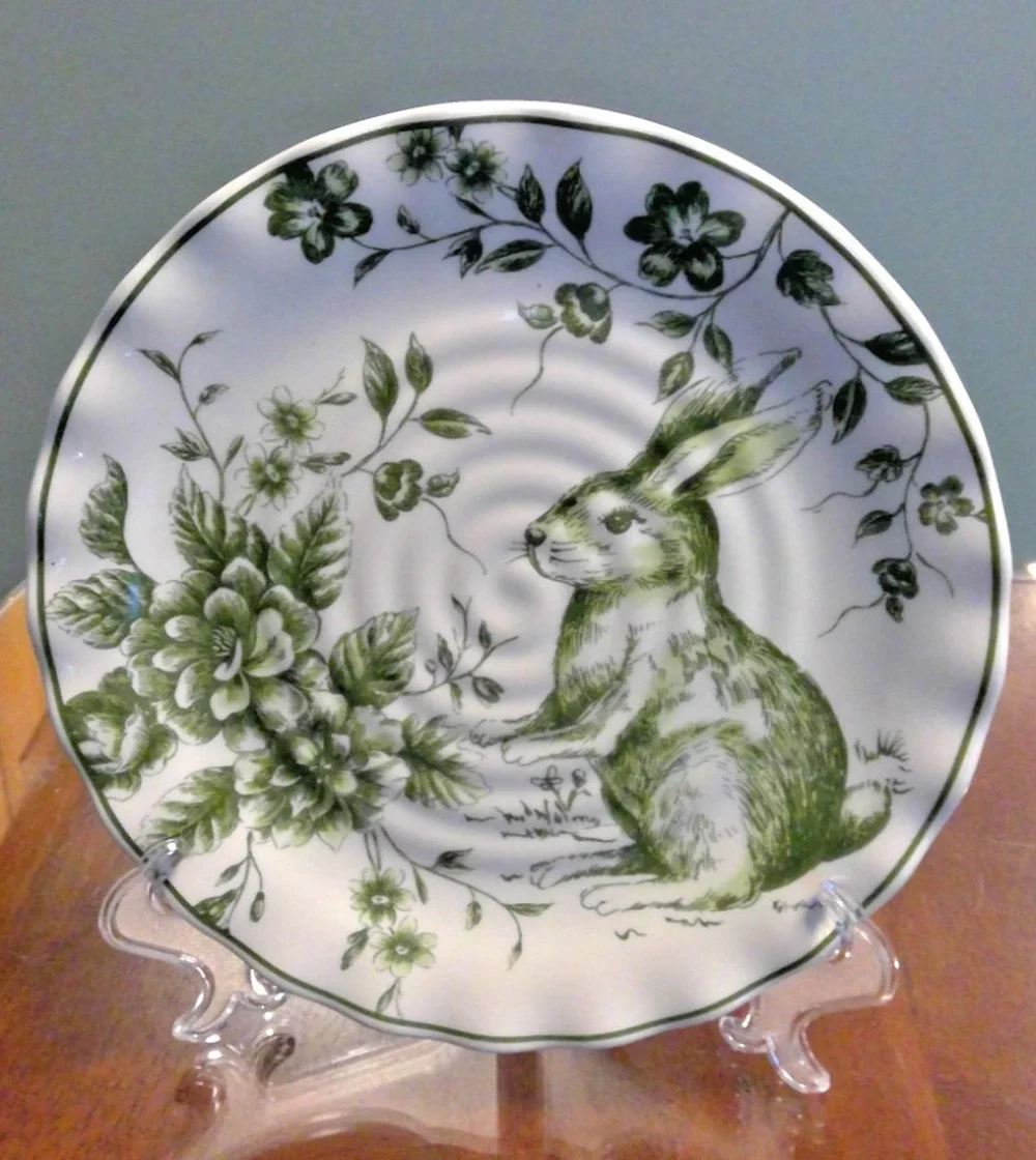 Maxcera Green Toile Rabbit Bunny 9.25” Luncheon Salad Plates Scalloped NEW 2